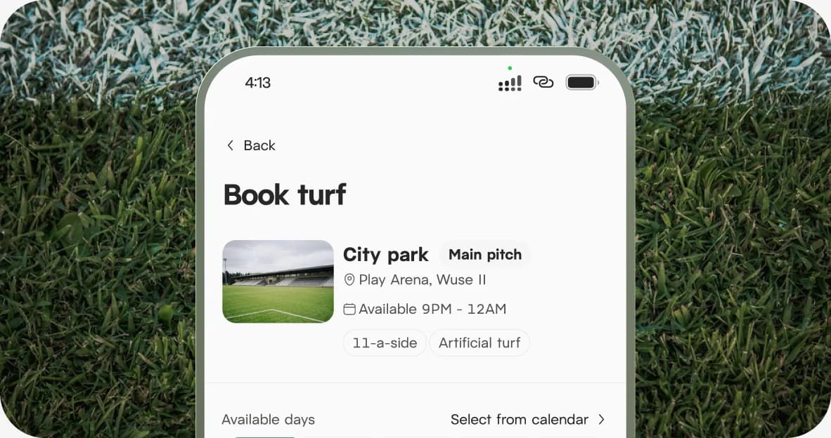 Playdey app screen for booking a turf, showing the pitch, its location and available hours