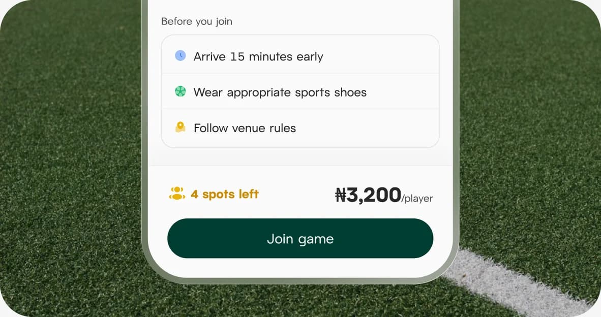 Playdey app screen for joining an open game, showing 4 spots left at ₦3,200 per player
