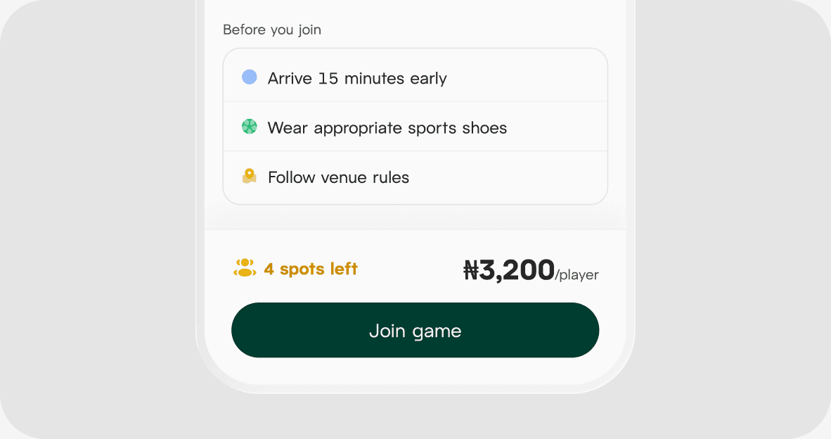 Playdey app screen for joining an open game, showing 4 spots left at ₦3,200 per player