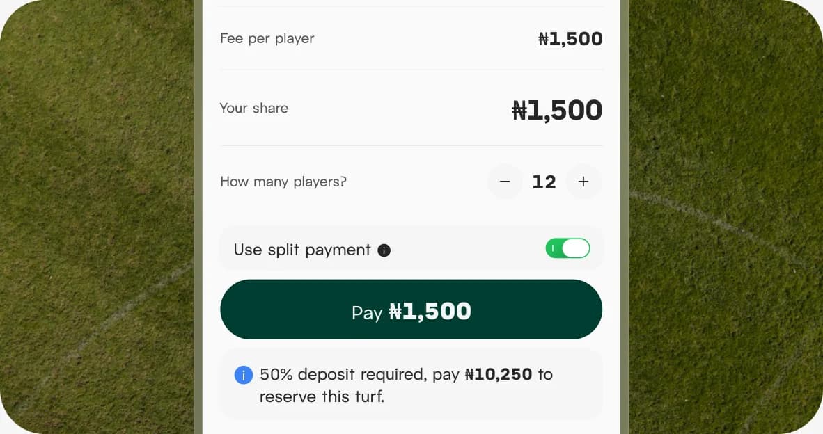 Playdey app screen splitting a pitch booking between 12 players at ₦1,500 each