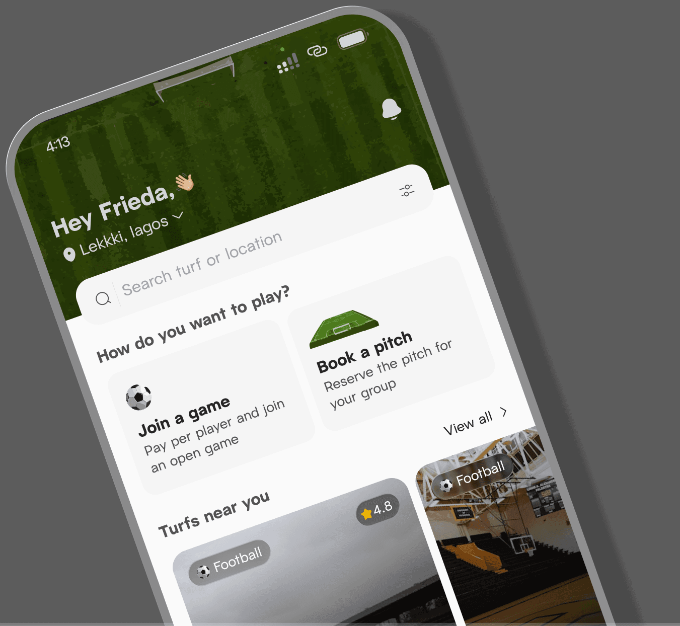 The Playdey app home screen, with options to join a game or book a pitch and a list of turfs nearby