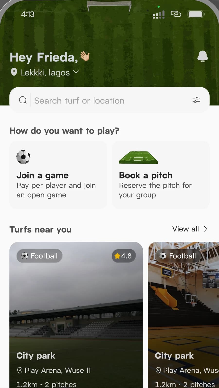 The Playdey app home screen, with options to join a game or book a pitch and a list of turfs nearby